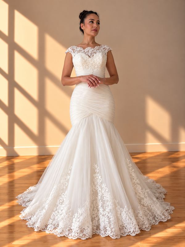 Trouwjurk Mori Lee, mermaid met kanten kapmouwtjes